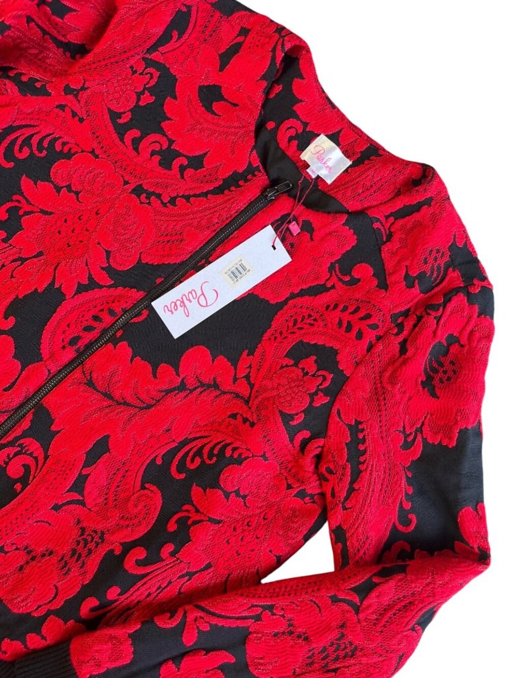 Parker Red & Black Floral Embroidered Zip-Up Jacket Womens Size M MSRP $352